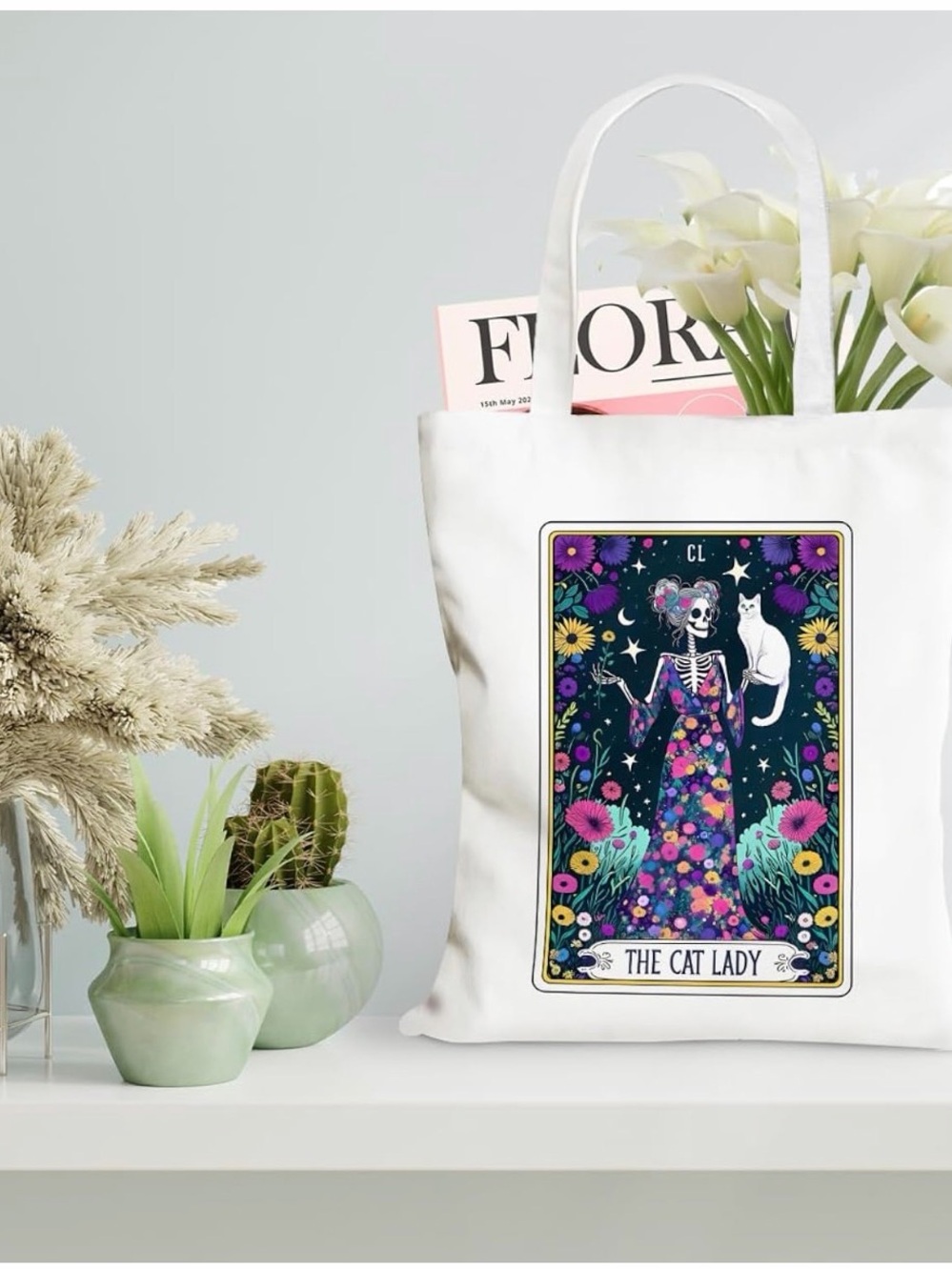 The Cat Lady Floral Skeleton Tote Bag - White - Picture 2 of 2